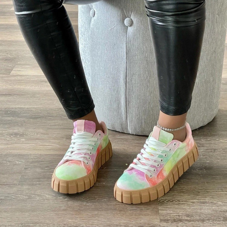 Lace-up Canvas Shoes Summer Round Toe Platform Single Shoes For Women Sneakers