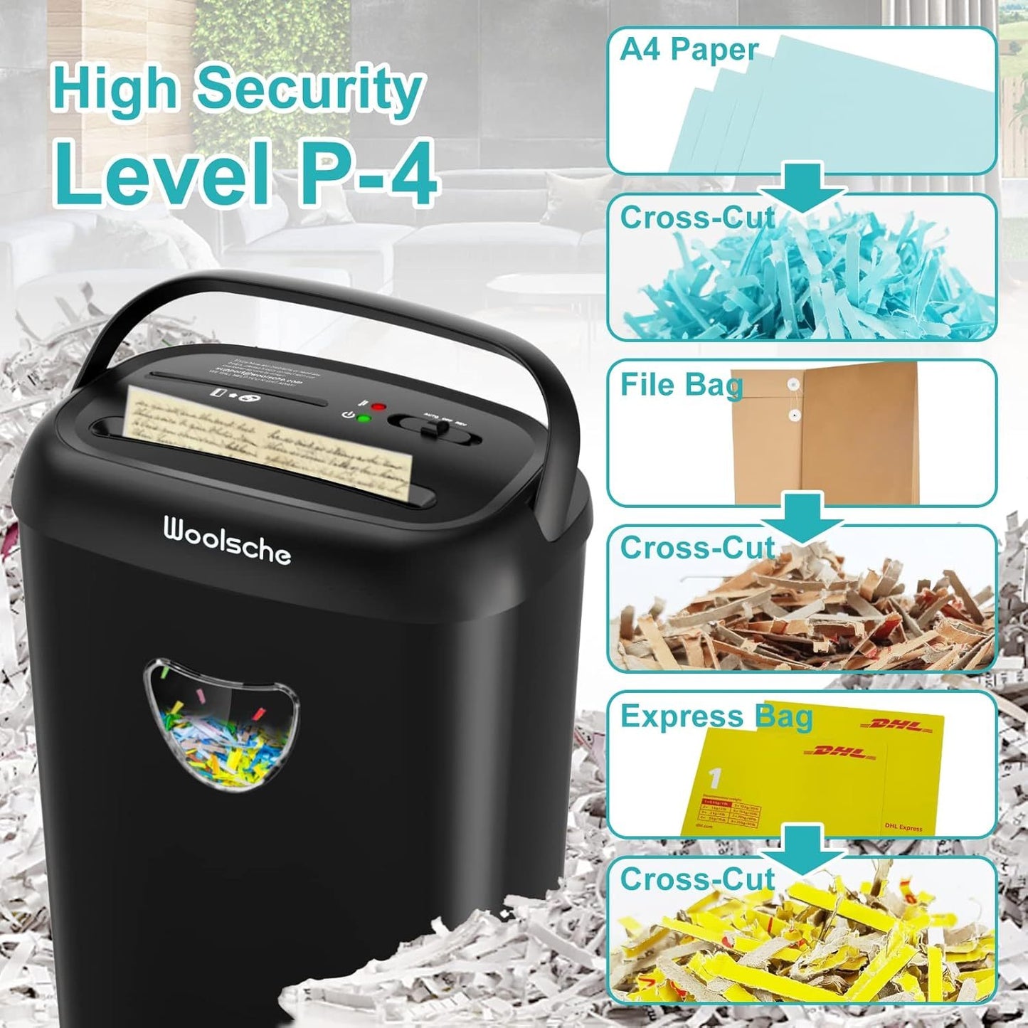 Woolsche Paper Shredder, 14 Sheet Cross Cut, 6.6 Gallon Basket, P-4 Security Level, 3 Mode Design - Jam Proof Heavy Duty Shredder For Home And Office