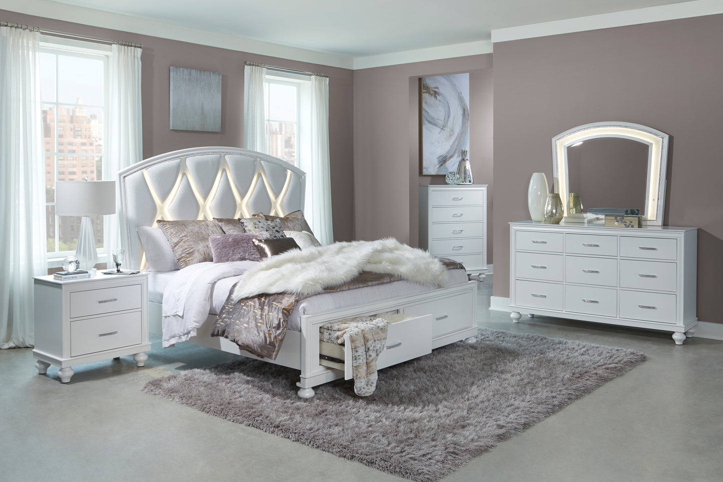 Modern Bedroom Furniture Two Drawers Nightstand 1pc White Finish Acrylic Crystal Drawers Wooden Furniture