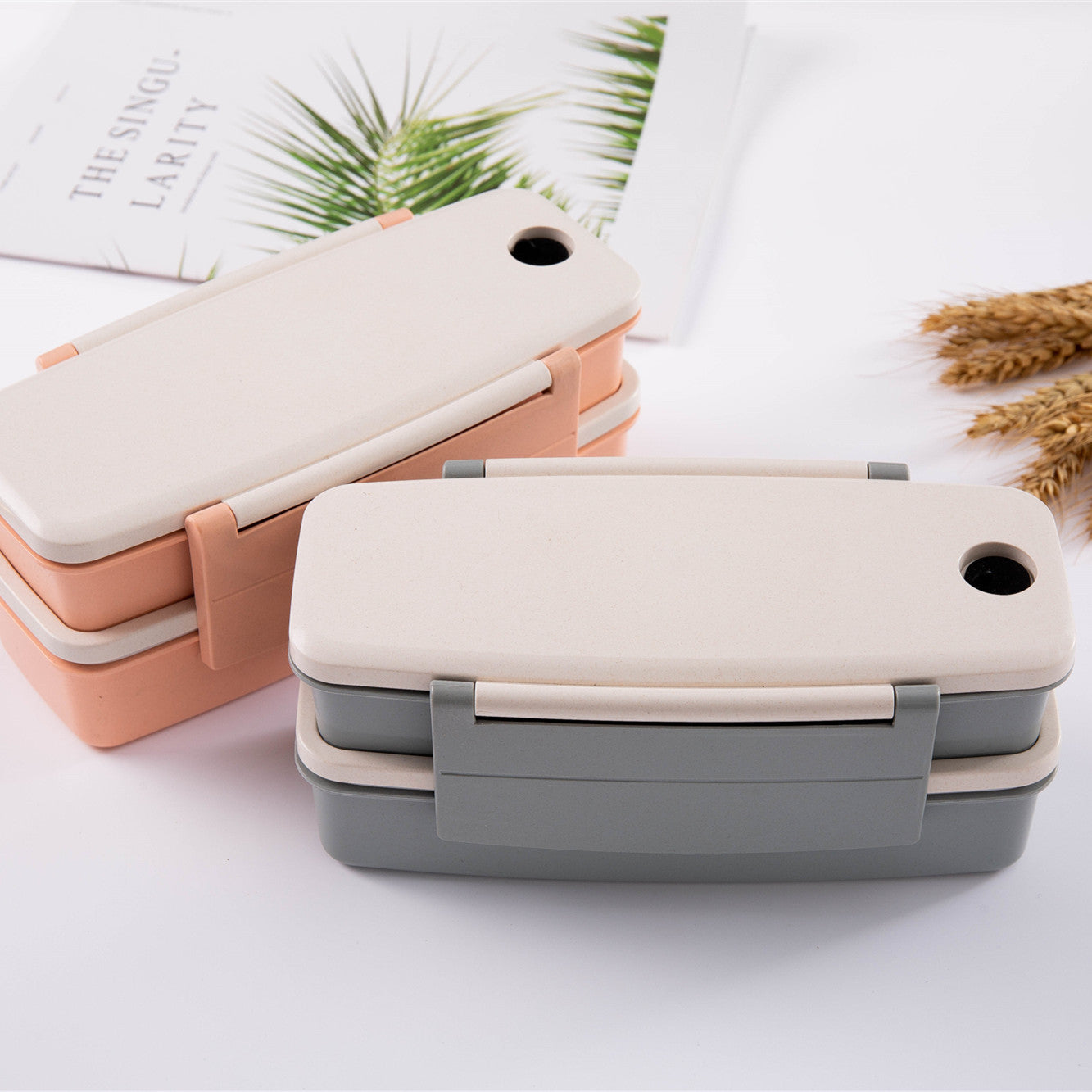 Bamboo fiber lunch box double-layered lunch box tableware set