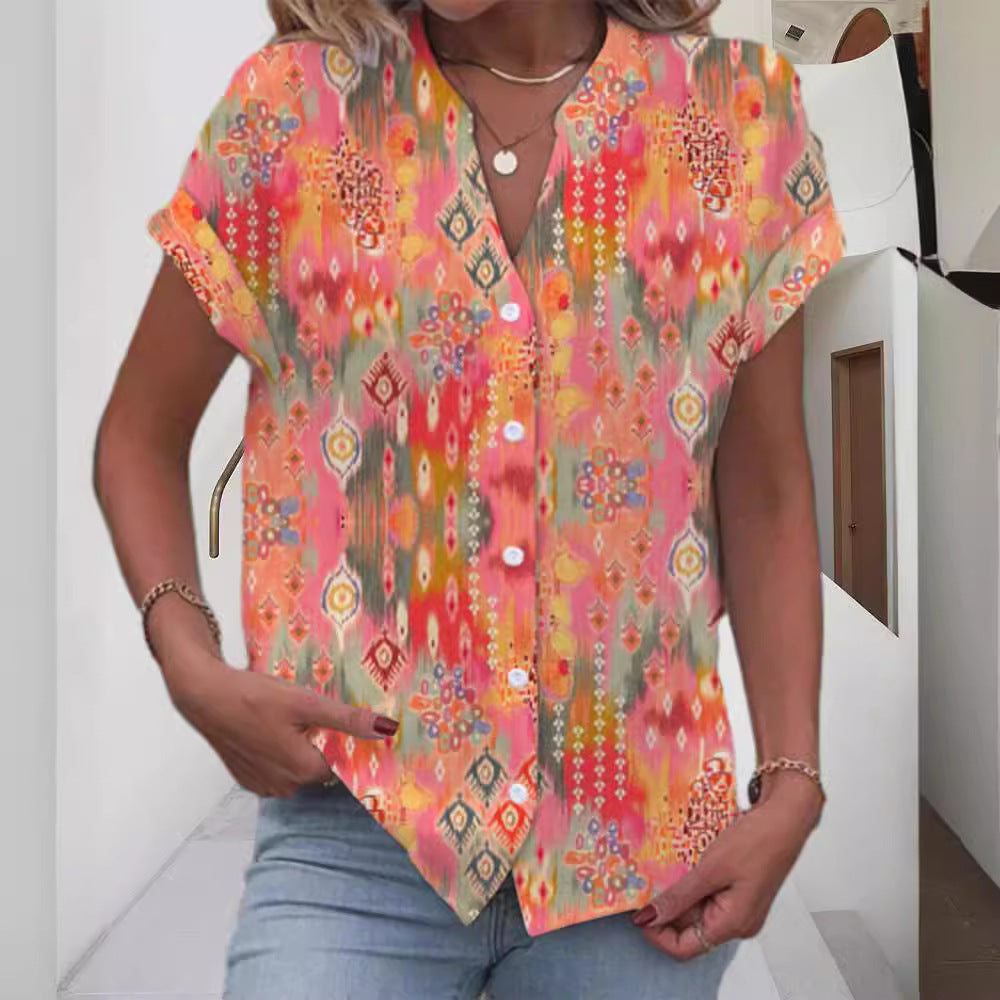Cross-border European And American Printed Button V-neck Short-sleeved Top Women's Clothing