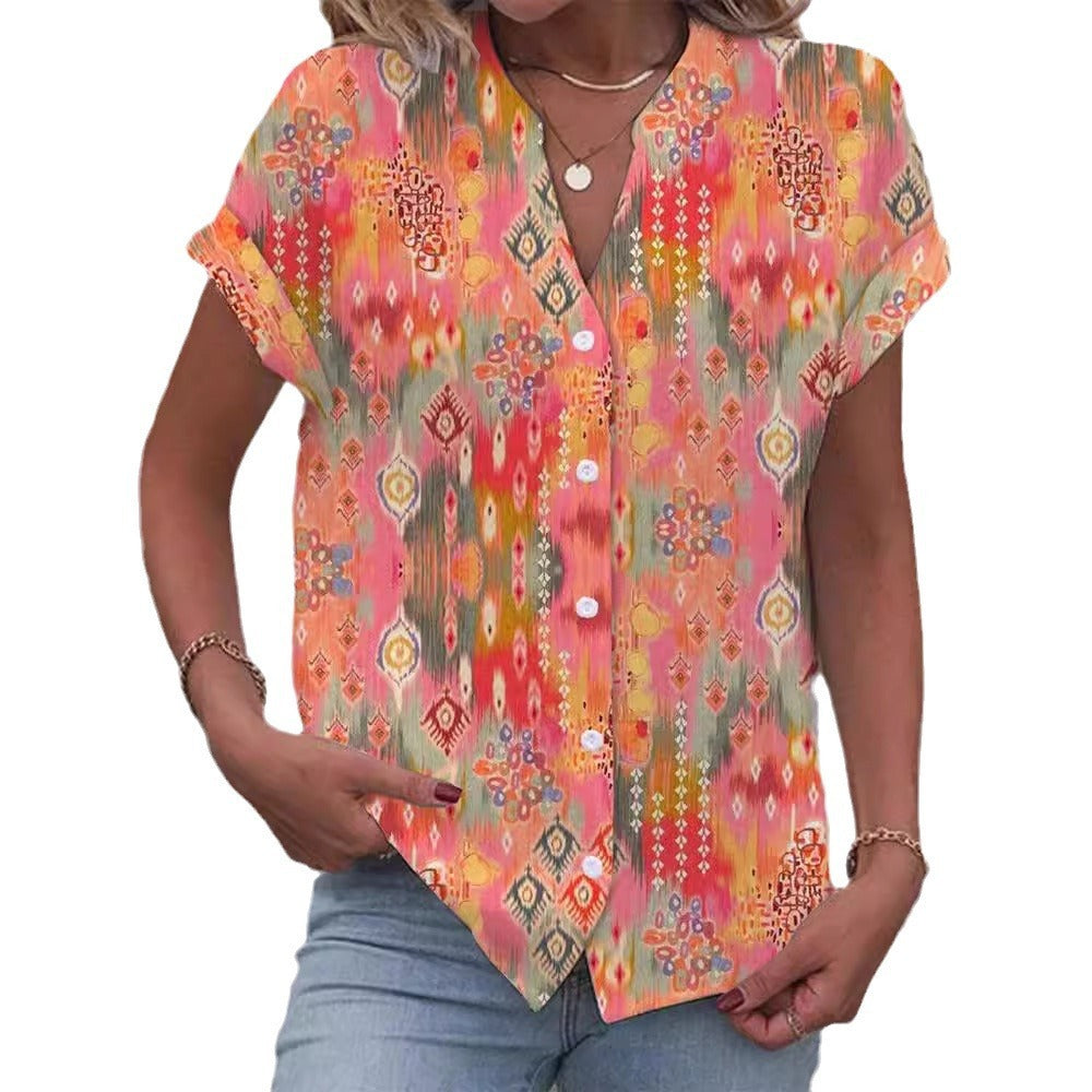 Cross-border European And American Printed Button V-neck Short-sleeved Top Women's Clothing