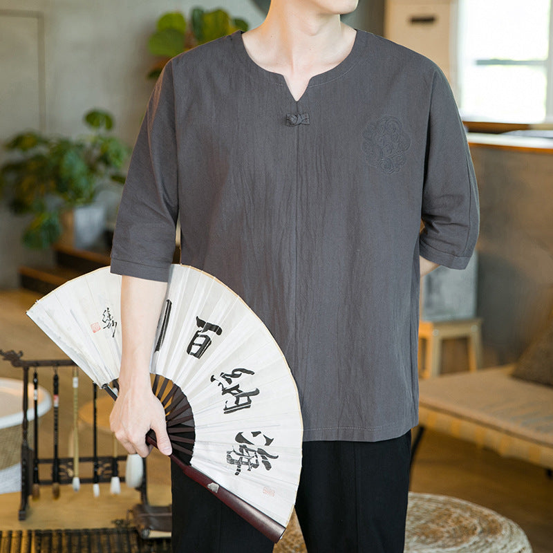 Cotton And Linen Three-quarter-length-sleeved T-shirt Men's Retro Buckle