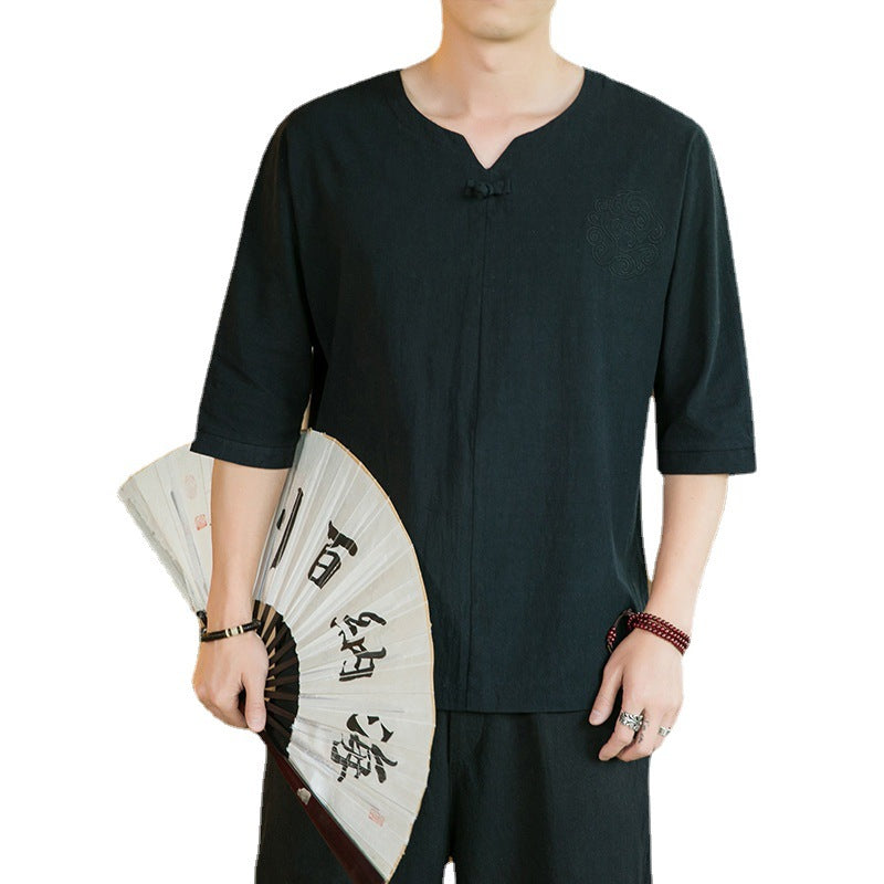 Cotton And Linen Three-quarter-length-sleeved T-shirt Men's Retro Buckle