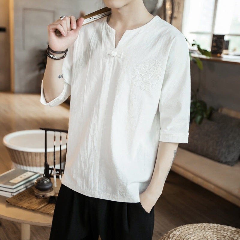 Cotton And Linen Three-quarter-length-sleeved T-shirt Men's Retro Buckle