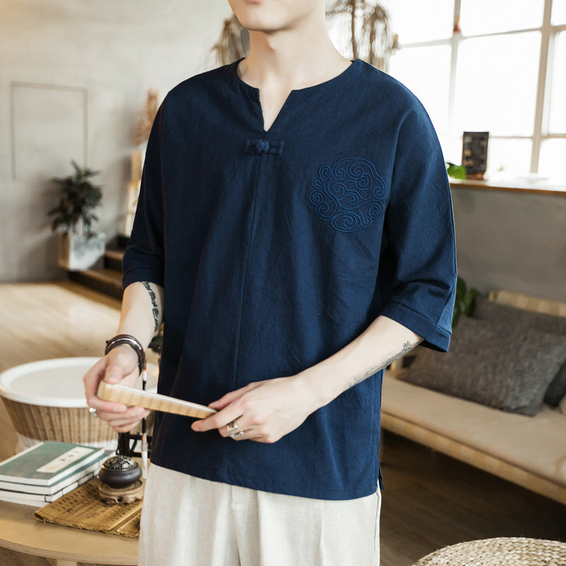 Cotton And Linen Three-quarter-length-sleeved T-shirt Men's Retro Buckle