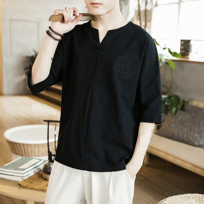 Cotton And Linen Three-quarter-length-sleeved T-shirt Men's Retro Buckle
