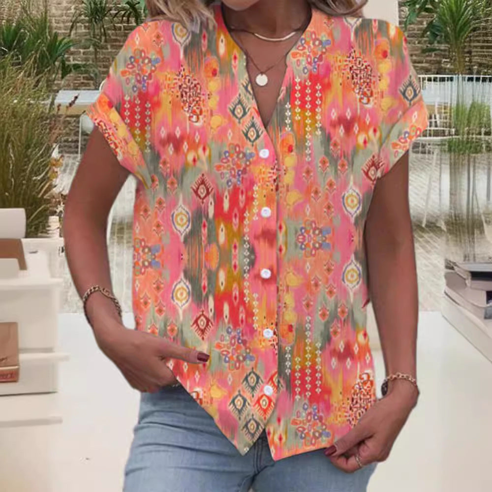 Cross-border European And American Printed Button V-neck Short-sleeved Top Women's Clothing