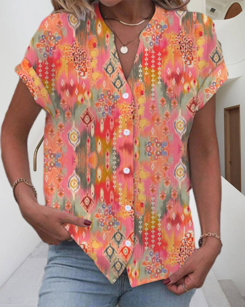 Cross-border European And American Printed Button V-neck Short-sleeved Top Women's Clothing