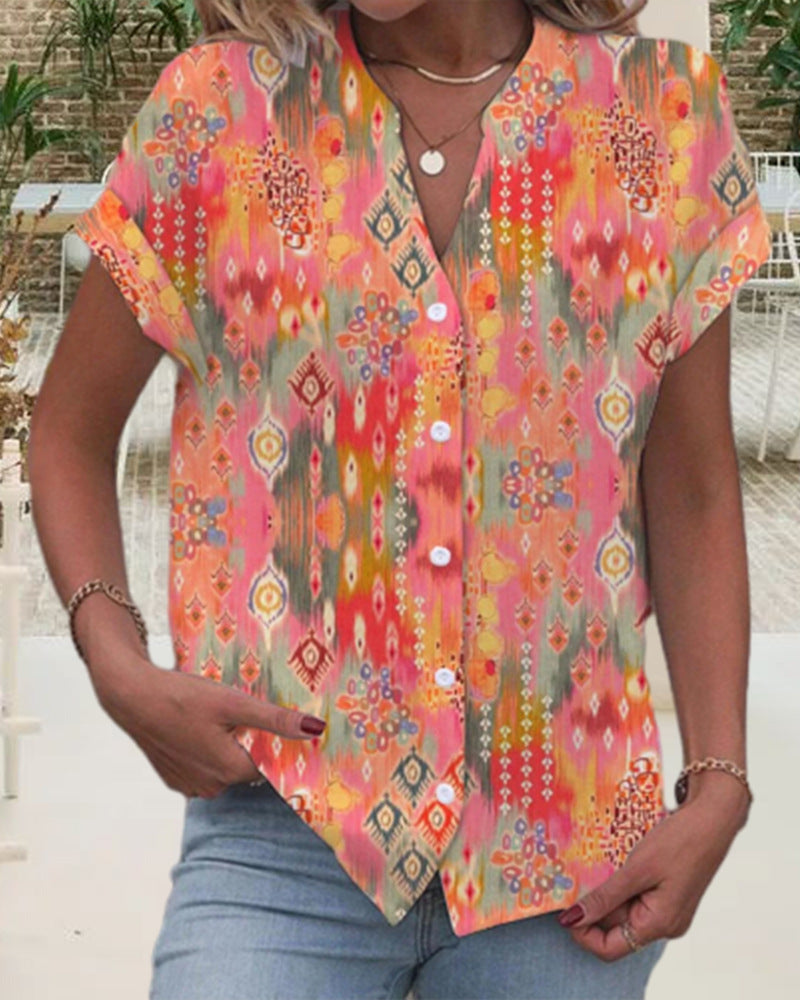 Cross-border European And American Printed Button V-neck Short-sleeved Top Women's Clothing