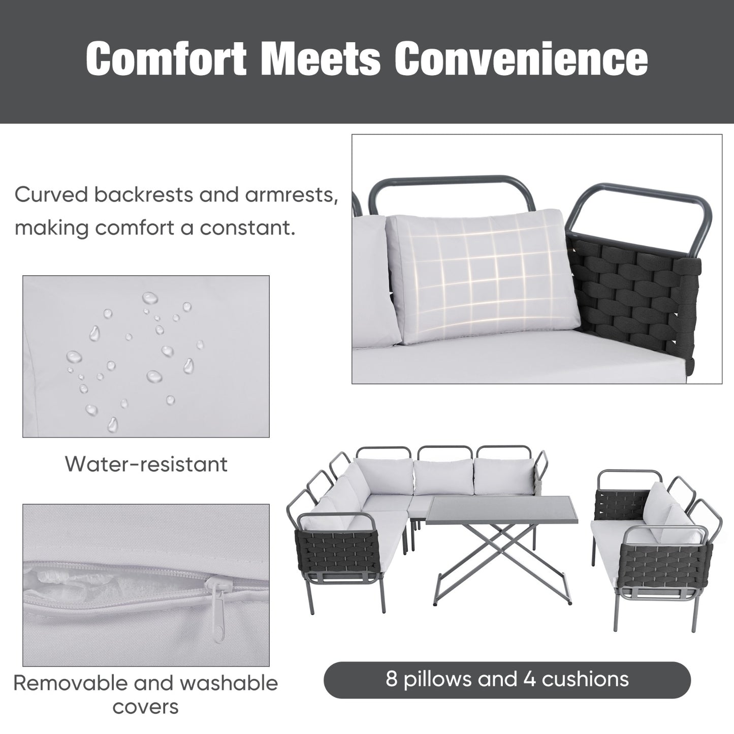 TOPMAX 5  Piece Modern Patio Sectional Sofa Set Outdoor Woven Rope Furniture Set With Glass Table And