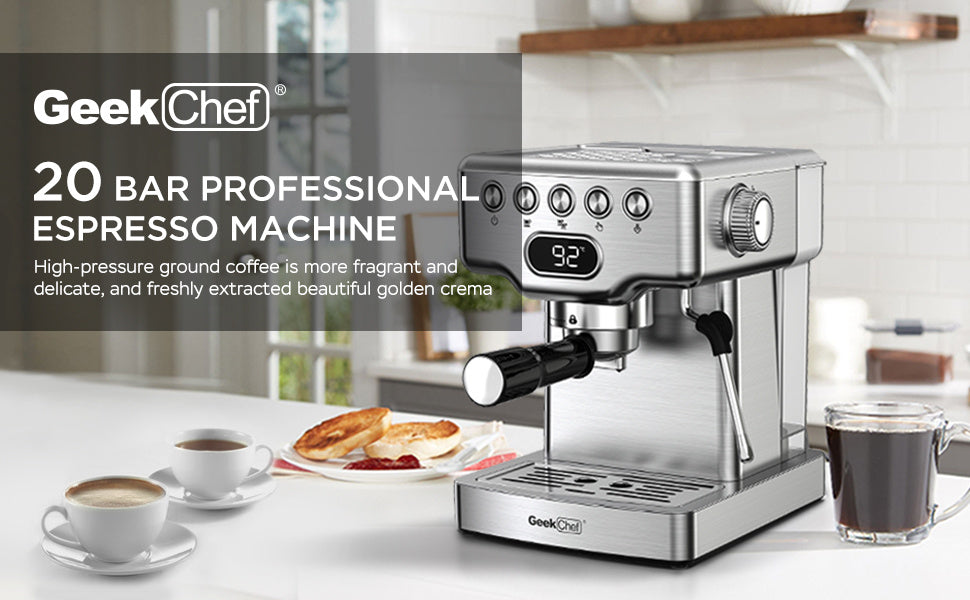 Geek Chef Espresso Machine, 20 Bar Espresso Machine With Milk Frother For Latte, Cappuccino, Macchiato, For Home Espresso Maker, 1.8L Water Tank, Stainless Steel,