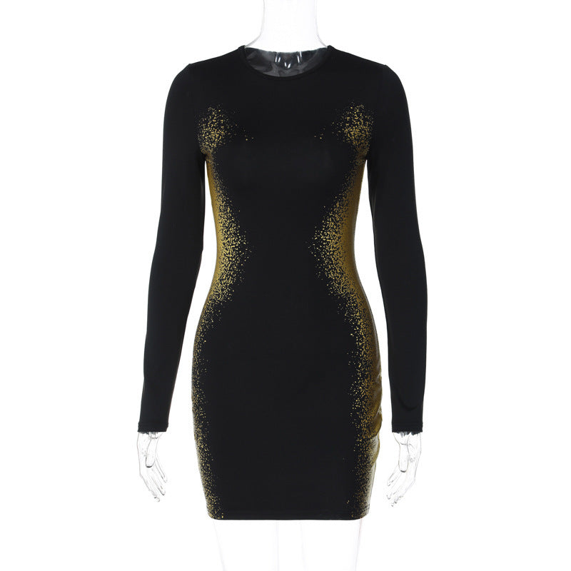 European And American Fashion Golden Gilt Color Offset Printing Slim Sheath Long Sleeve Temperament Style Dress