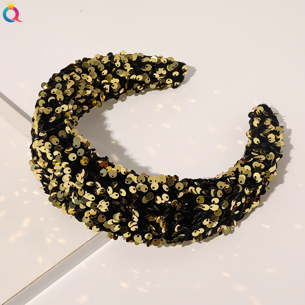Qiyue Cross Border Amazon Fish Scales Sequins Sponge Hair Band Ball Show Fashion Wide Edge Headband Hair Accessories For Women