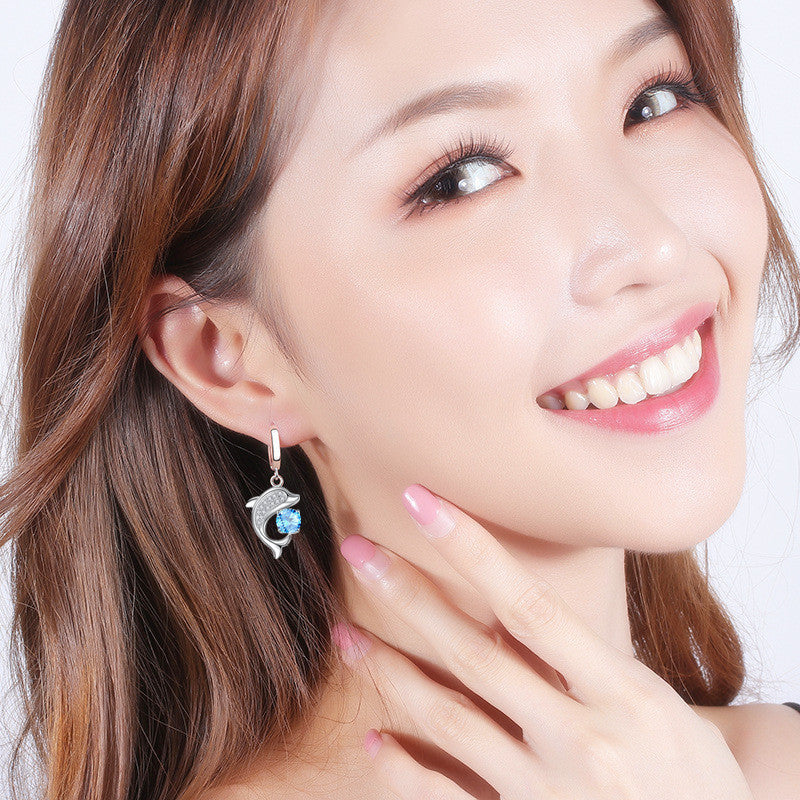 Dolphin Water Drop Ear Clip Full Diamond Mid-length Earrings