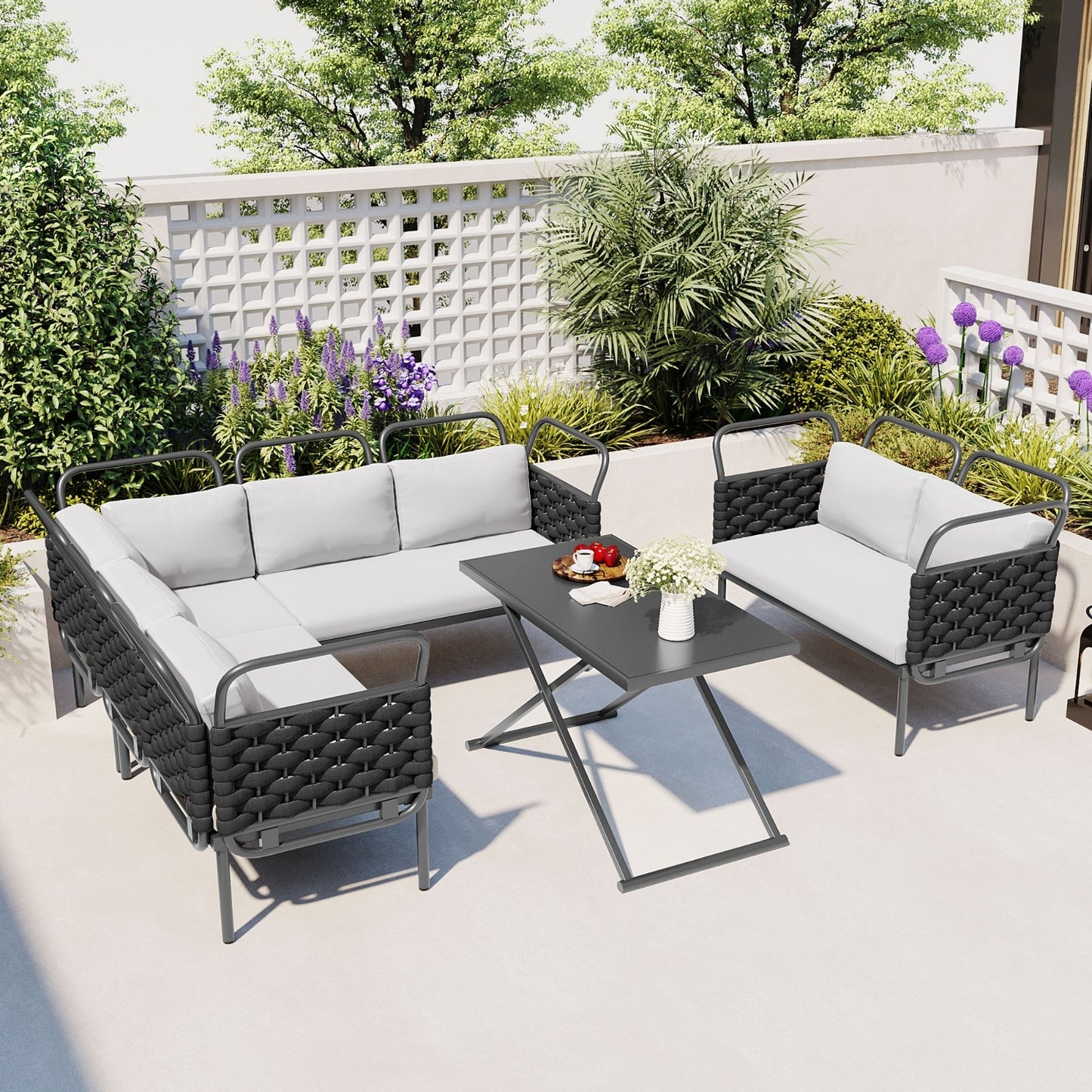 TOPMAX 5  Piece Modern Patio Sectional Sofa Set Outdoor Woven Rope Furniture Set With Glass Table And