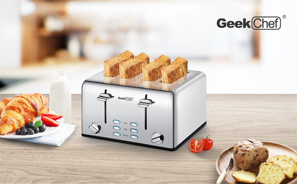 Toaster 4 Slice, Geek Chef Stainless Steel Extra-Wide Slot Toaster With Dual Control Panels Of Bagel,Defrost,Cancel Function