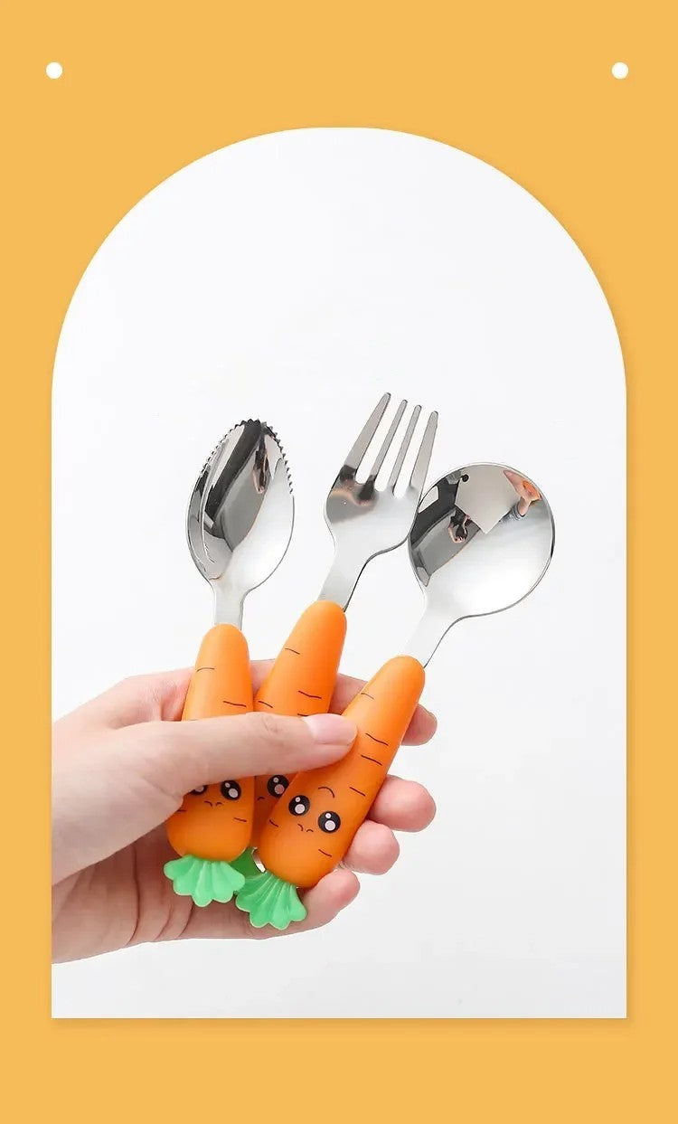 New Trending Children's Carrot Tableware Suit 304 Stainless Steel Tableware Baby Solid Food Spoon Fork Tableware