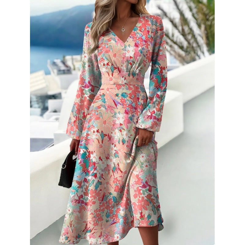 Women's Fashionable Printed V-neck Long Sleeved Dress