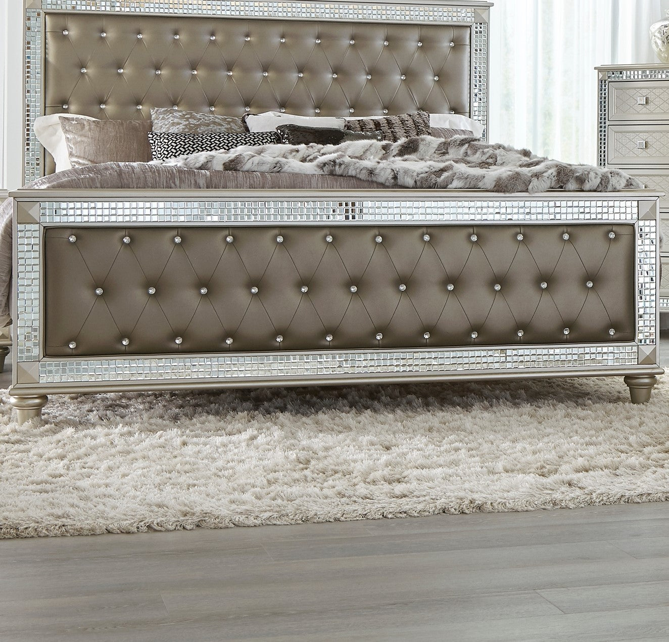 Glamorous Style Bedroom Furniture 1pc Nightstand of 2x Drawers Champagne Finish Acrylic Crystals Trim Modern Home Furniture
