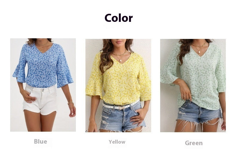 V-neck Chiffon Bell Sleeve Loose Short-sleeved Shirt