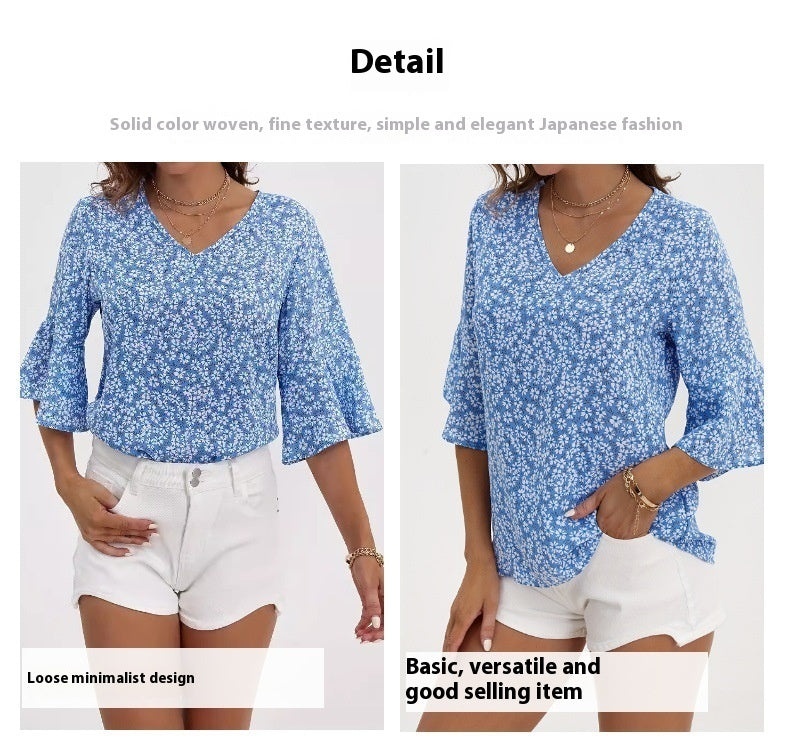 V-neck Chiffon Bell Sleeve Loose Short-sleeved Shirt