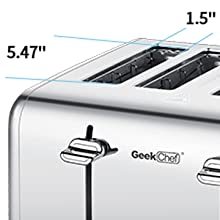 Toaster 4 Slice, Geek Chef Stainless Steel Extra-Wide Slot Toaster With Dual Control Panels Of Bagel,Defrost,Cancel Function
