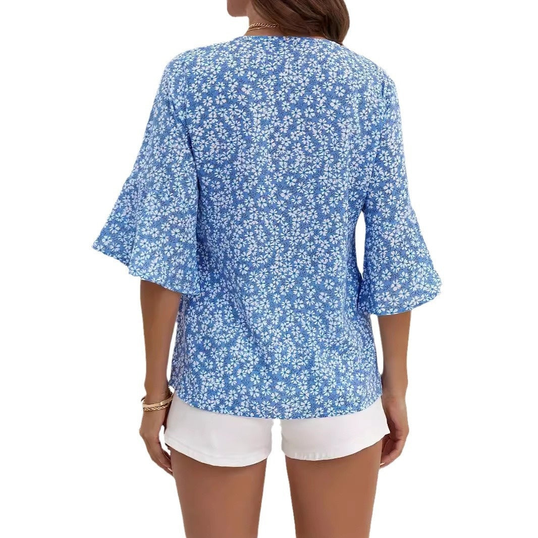 V-neck Chiffon Bell Sleeve Loose Short-sleeved Shirt