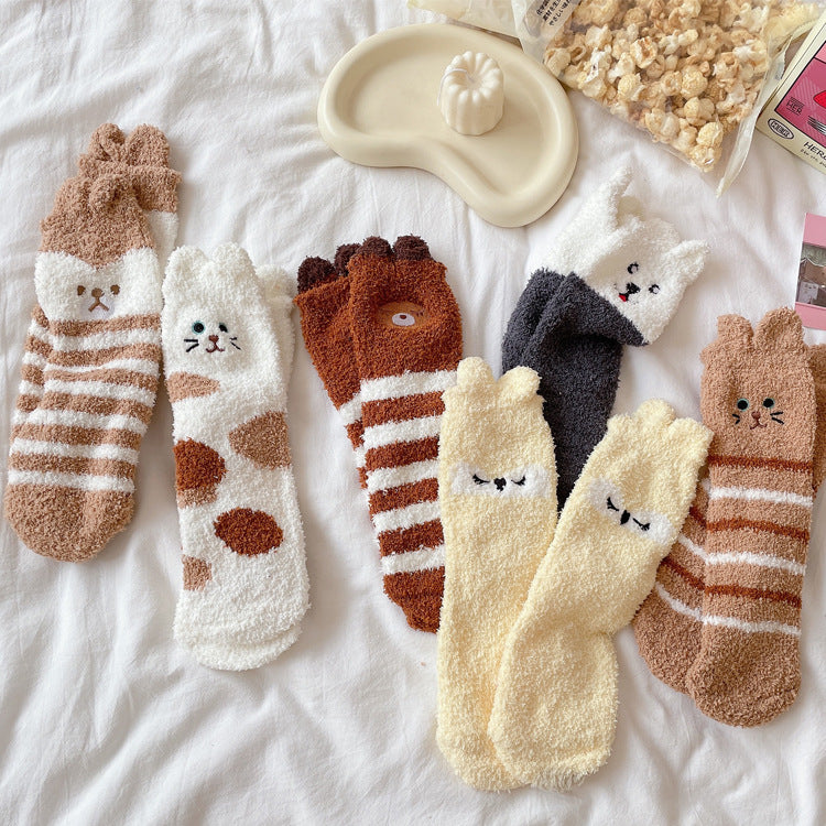 Womens Thickened Winter Warm Coral Fleece Japanese Mid Tube Socks