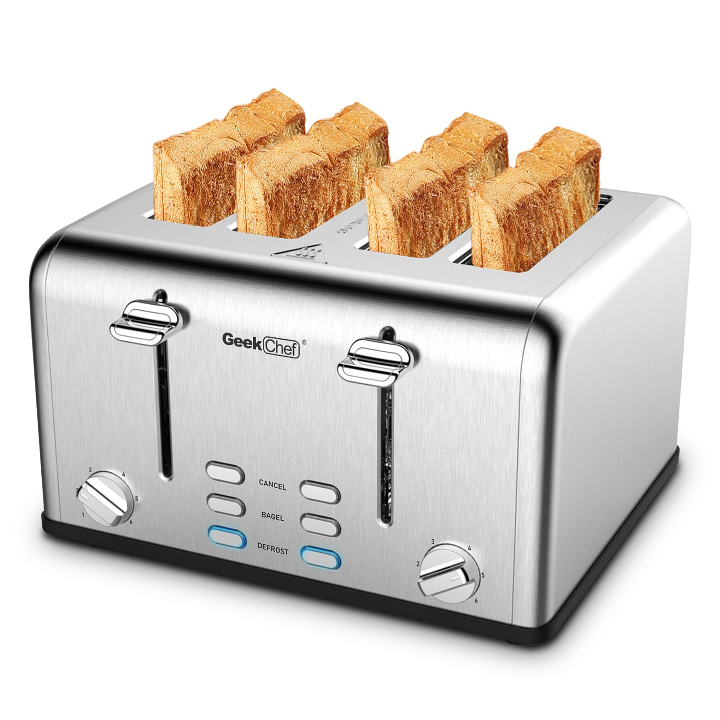 Toaster 4 Slice, Geek Chef Stainless Steel Extra-Wide Slot Toaster With Dual Control Panels Of Bagel,Defrost,Cancel Function