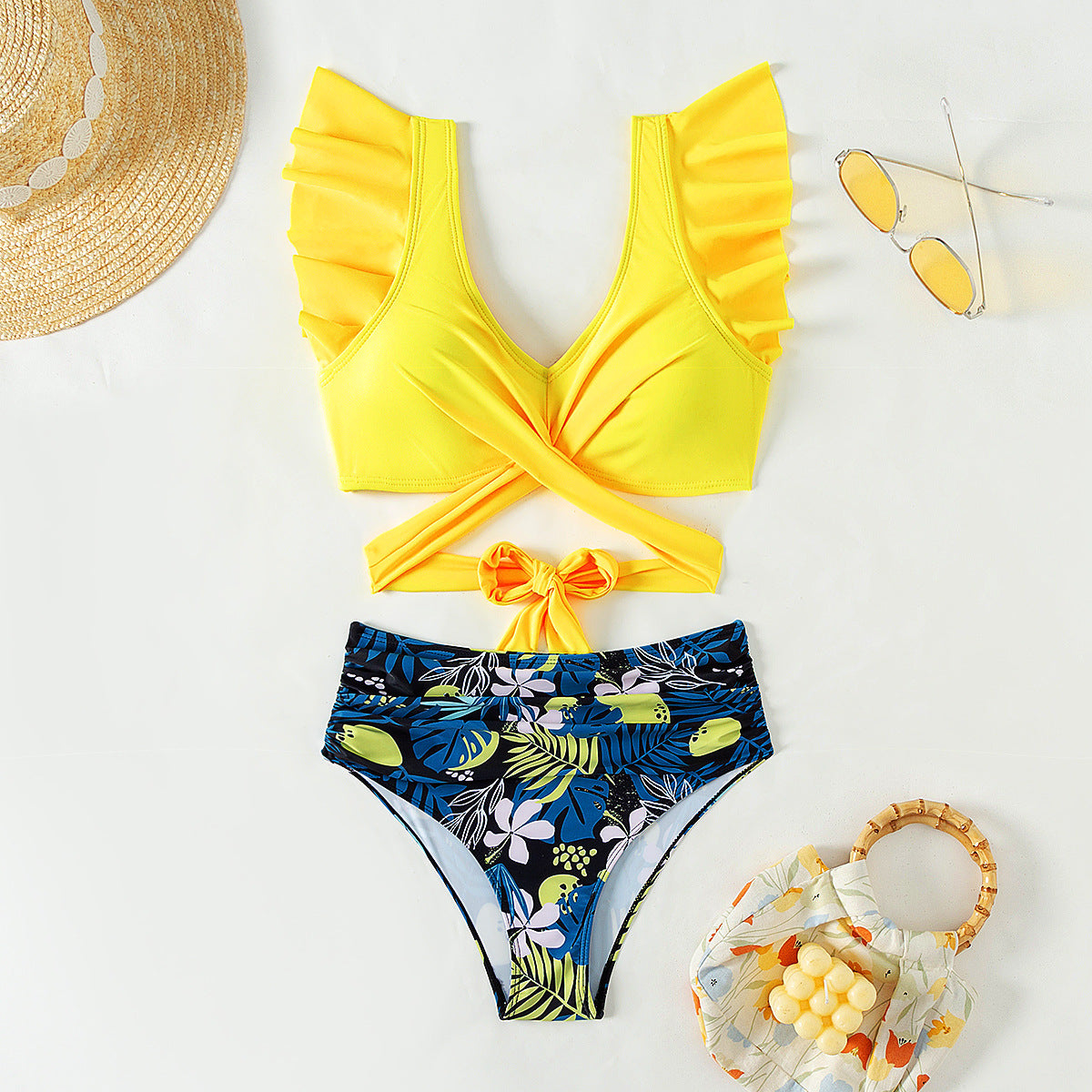 Women's Flounced Cross Design High Waist Sleeveless Bikini Suit