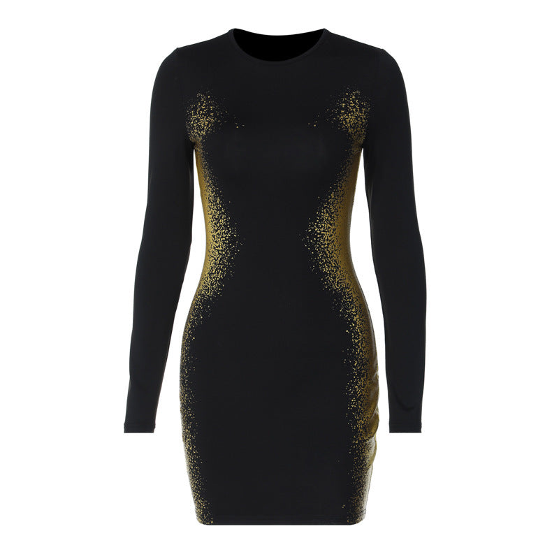 European And American Fashion Golden Gilt Color Offset Printing Slim Sheath Long Sleeve Temperament Style Dress