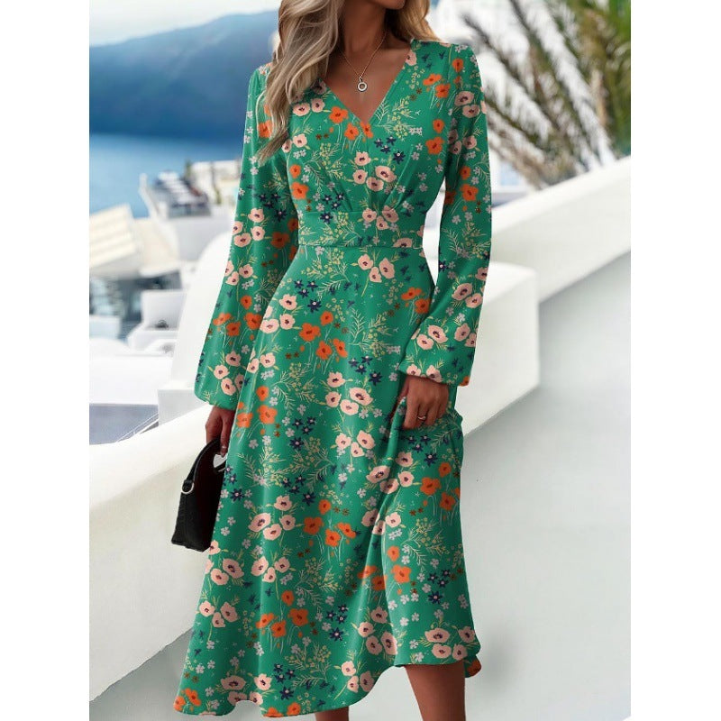 Women's Fashionable Printed V-neck Long Sleeved Dress