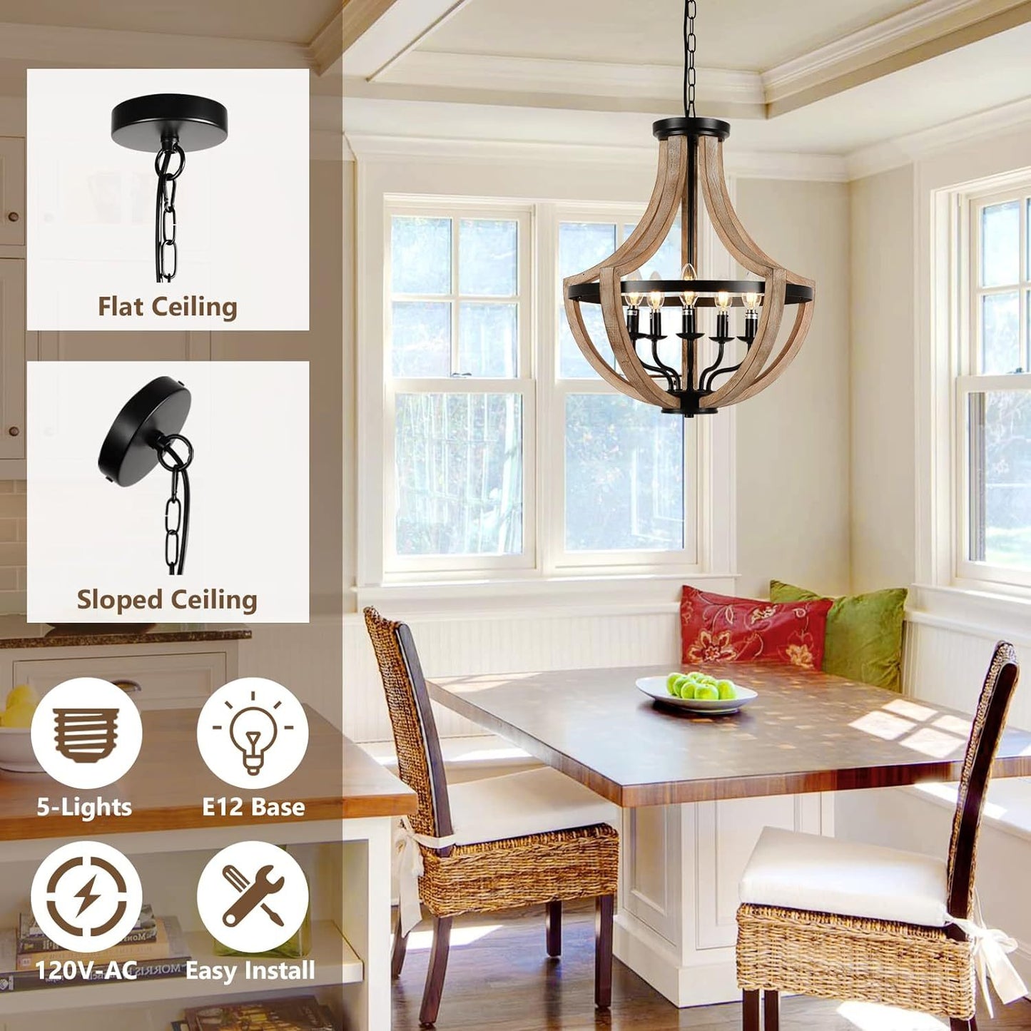 Solid Wood Modern Chandelier For Dining Room, Living Room, Kitchen, Island, Bedroom, Foyer, Height Adjustable, Brown Unavailable Platforms- Welfel