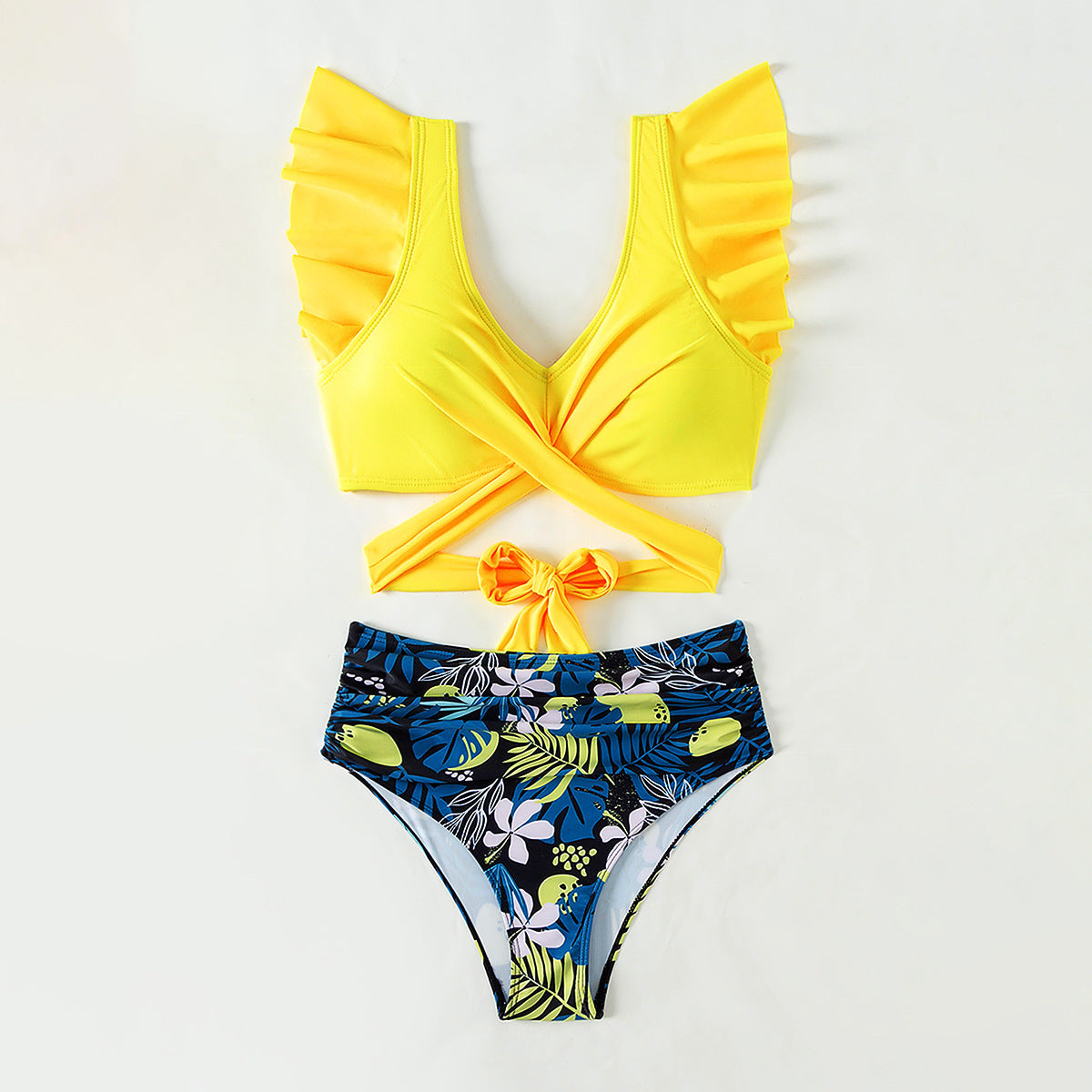 Women's Flounced Cross Design High Waist Sleeveless Bikini Suit