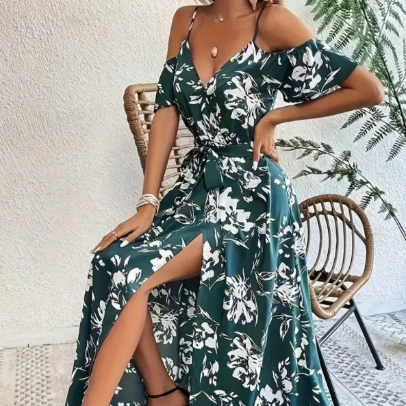 Flower Print Split Suspender Dress With Lace-up Design Summer Fashion Long Dresses Beach Clothing For Women AuraRitmo