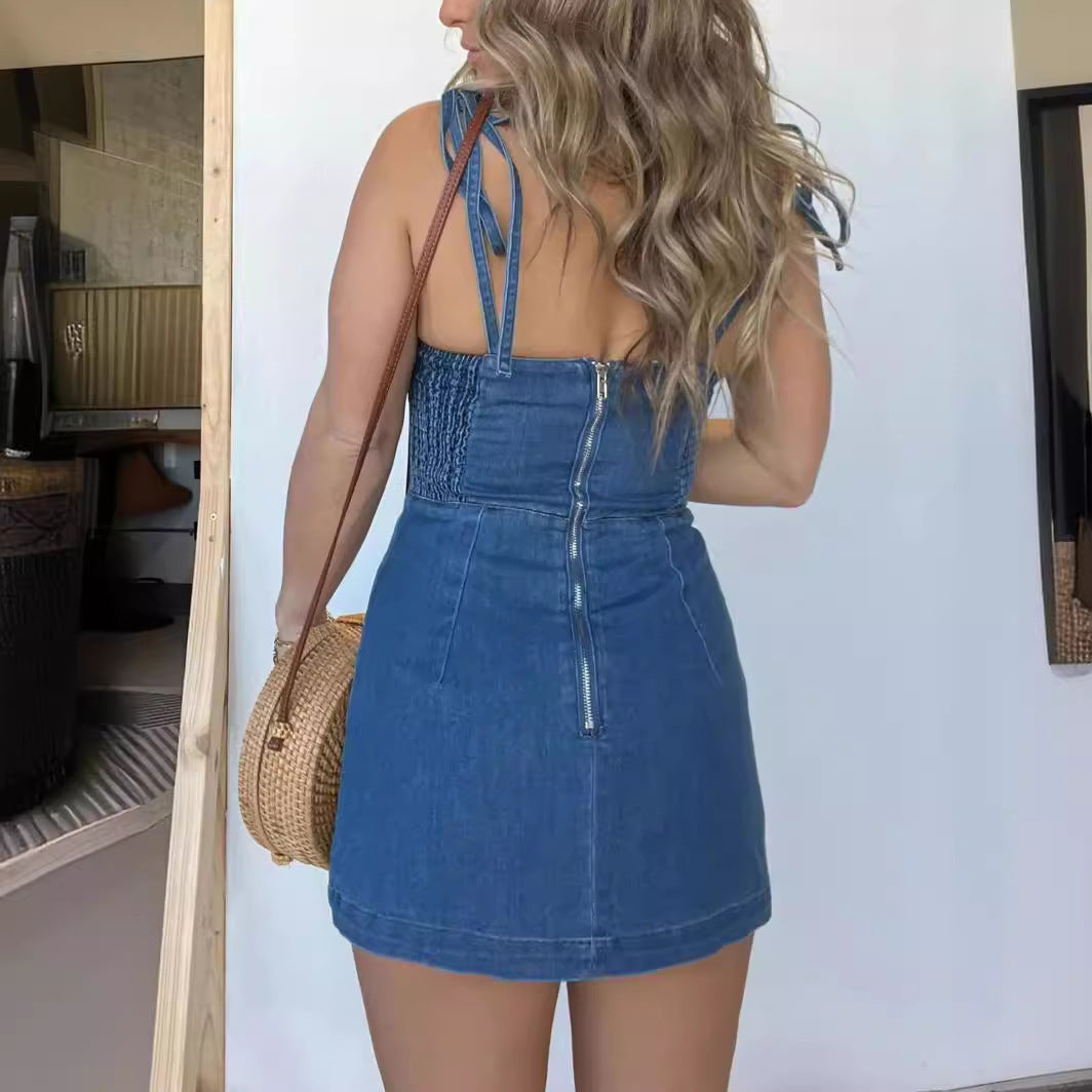 Square Neck Suspender Split Denim Dress With Back Zipper Design Summer Fashion Slim Sling Short Dresses For Women AuraRitmo