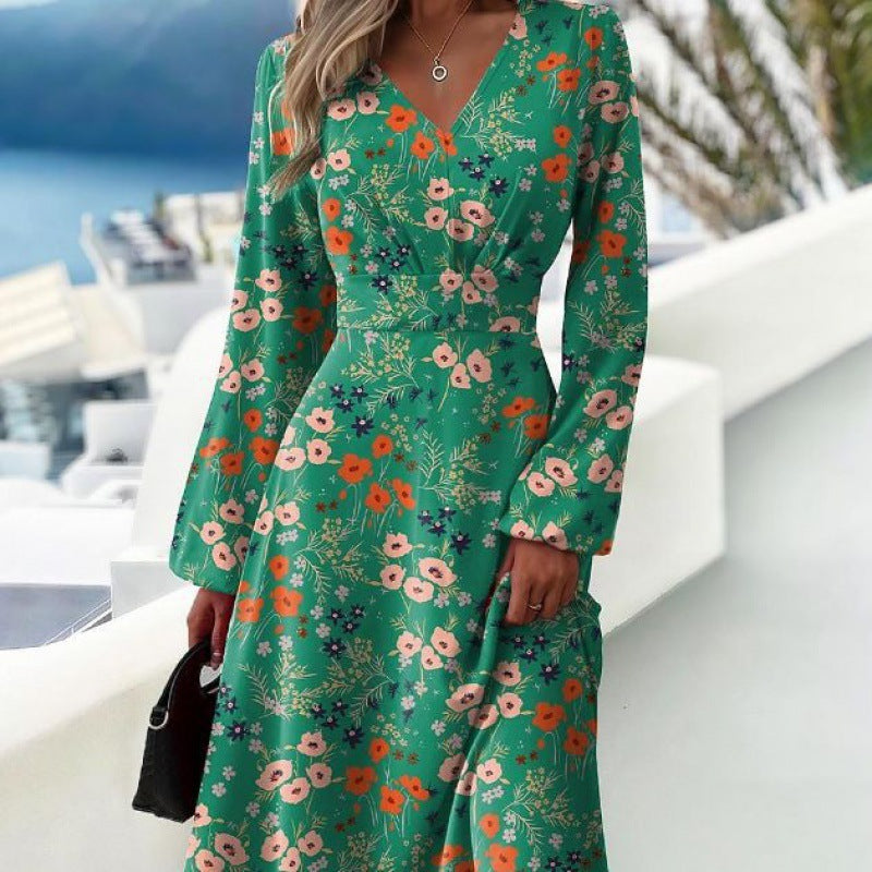Women's Fashionable Printed V-neck Long Sleeved Dress