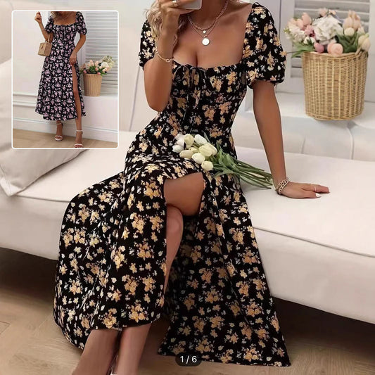 Floral Print Short Sleeve Split Dress Summer Fashion Lace-up Beach Long Dresses Women's Clothing AuraRitmo