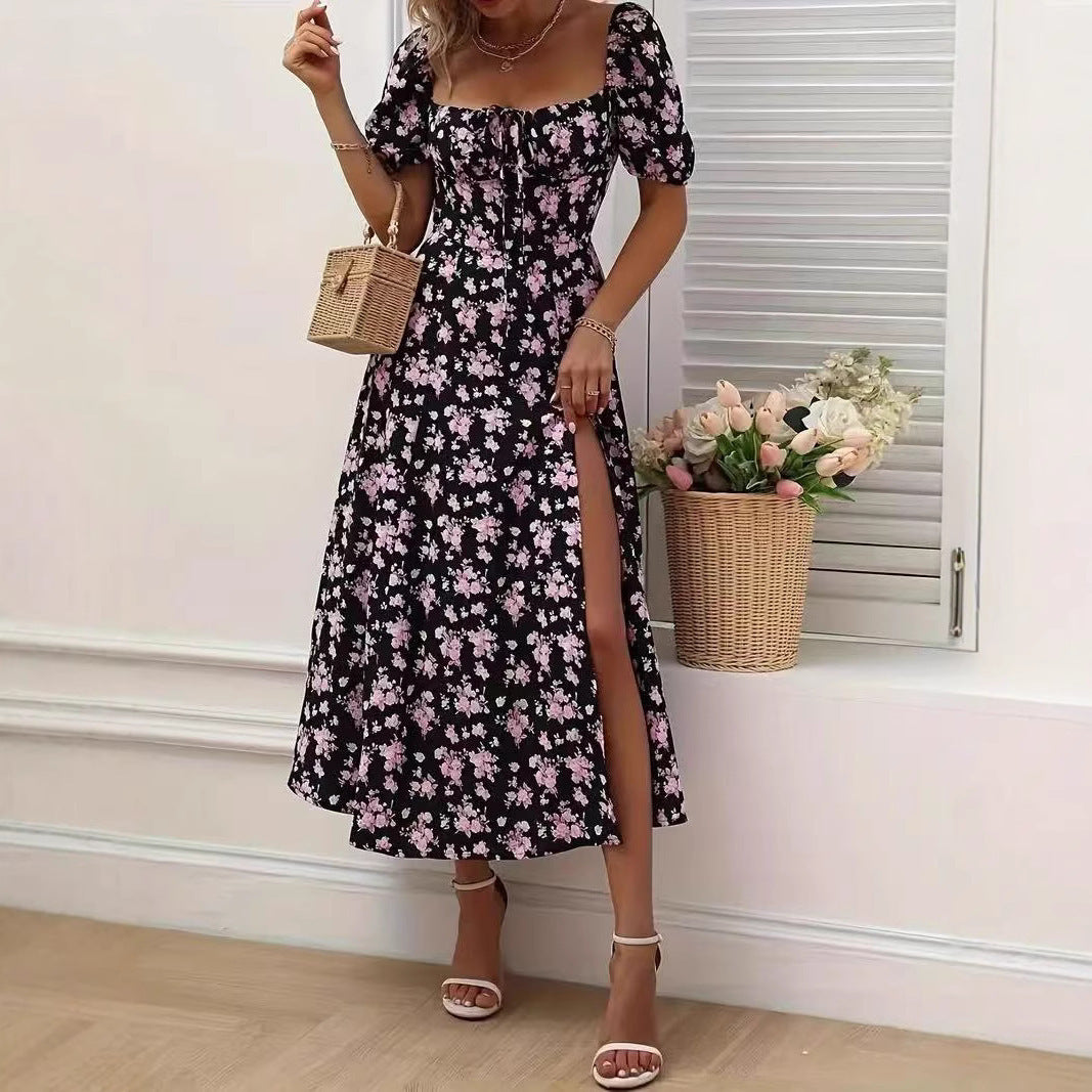 Floral Print Short Sleeve Split Dress Summer Fashion Lace-up Beach Long Dresses Women's Clothing AuraRitmo
