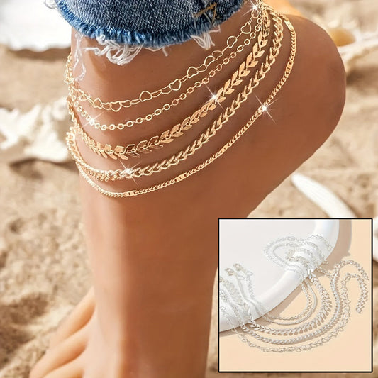5Pcs Bohemian Airplane Chain Ankle Chain Fashion Design Heart-shaped Chain Anklets Women's Summer Beach On Foot Chain Jewelry AuraRitmo
