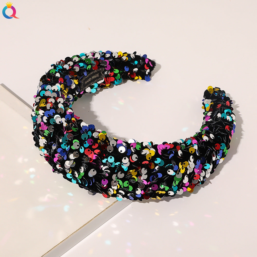 Qiyue Cross Border Amazon Fish Scales Sequins Sponge Hair Band Ball Show Fashion Wide Edge Headband Hair Accessories For Women