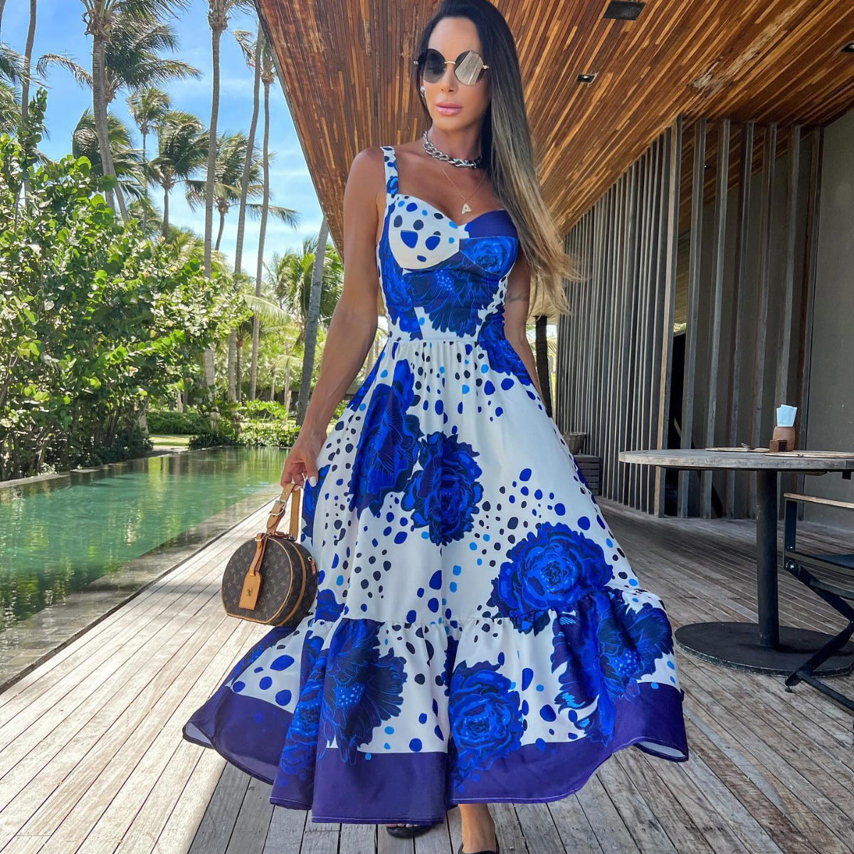 Blue Printed Sling Women's Full-length Dress