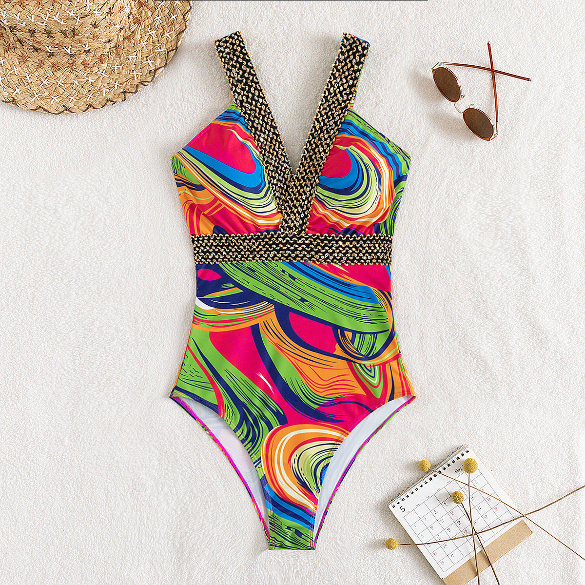 Women's Fashion Deep V Spaghetti Straps One-piece Swimsuit