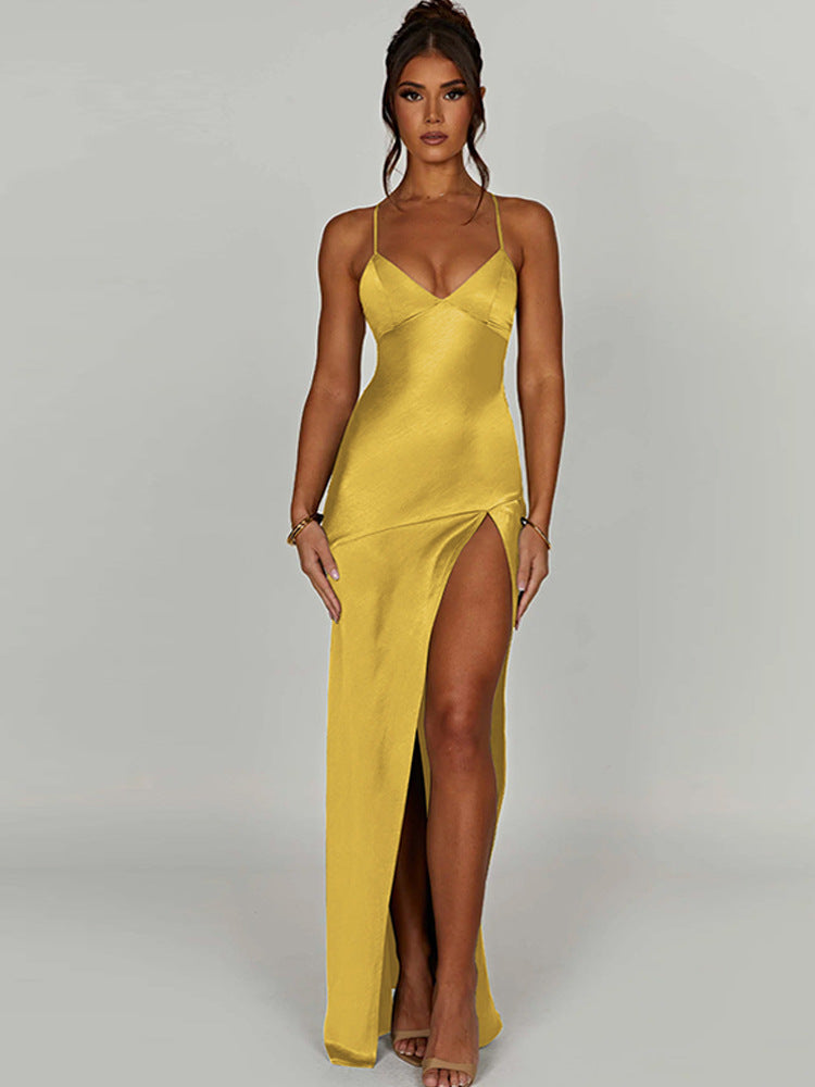 European And American Women&#039;s Clothing New Fashion Sexy V-neck Sling Split Mid-length Evening Dress Dress Women