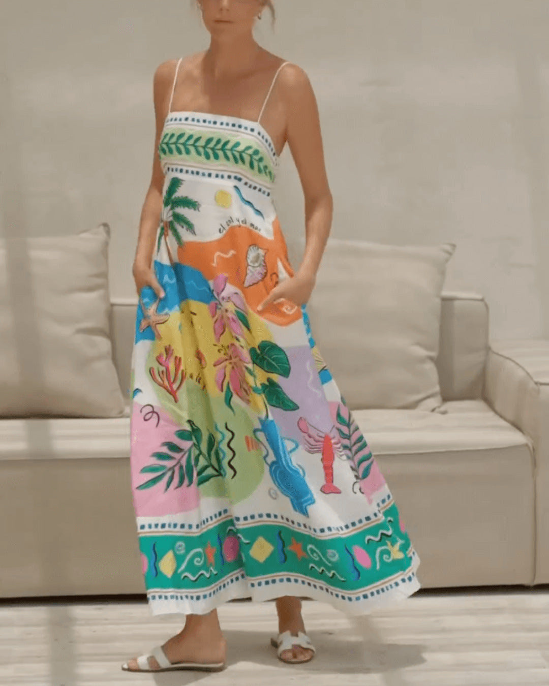Positioning Printing Spaghetti Straps Sleeveless Large Swing Dress