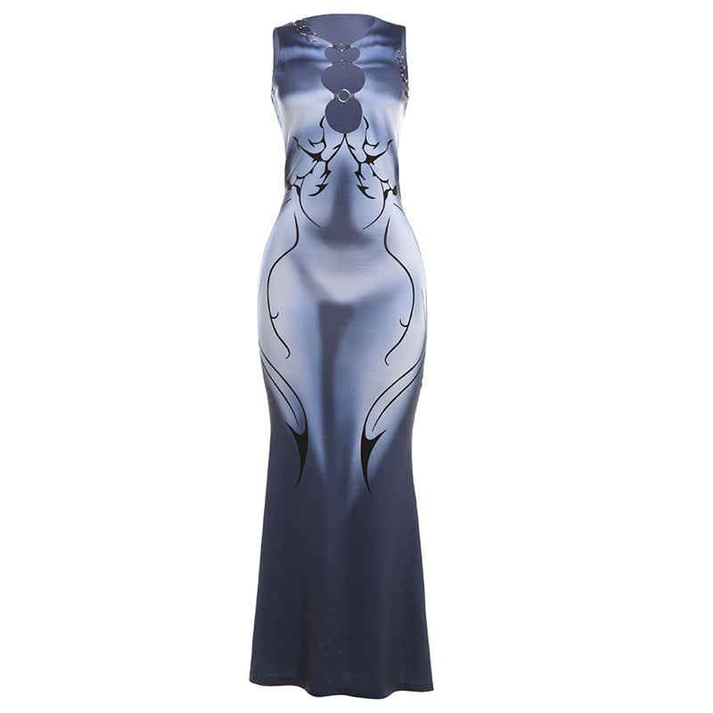 European And American 3D Creative Digital Printing Sleeveless Pullover High Waist Slim Dress Women