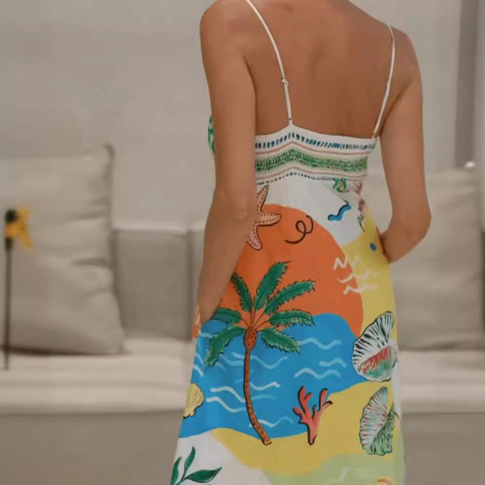Positioning Printing Spaghetti Straps Sleeveless Large Swing Dress