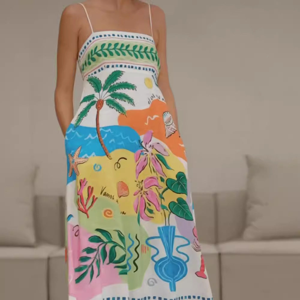 Positioning Printing Spaghetti Straps Sleeveless Large Swing Dress