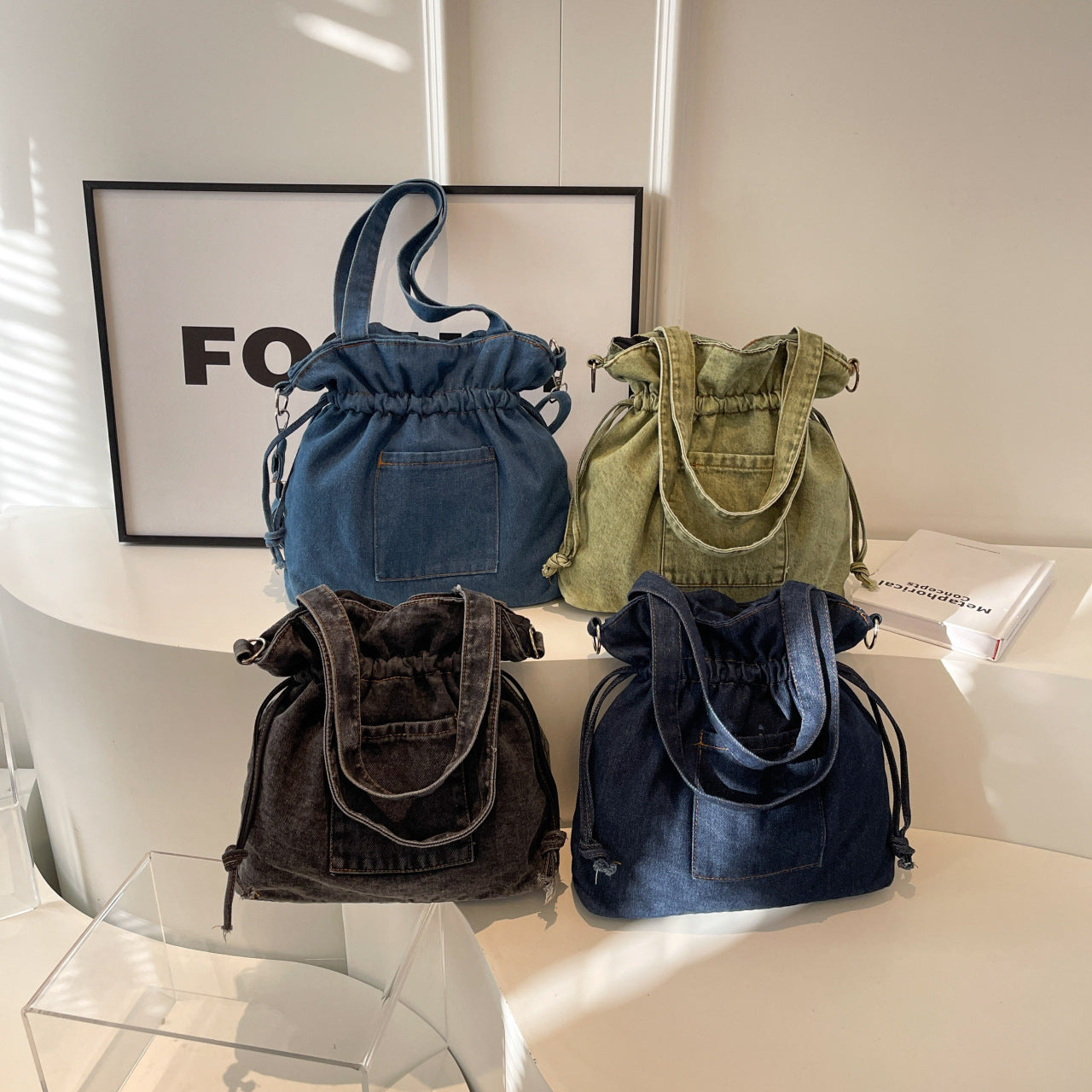Drawstring Bundle Women's Denim Crossbody Bag